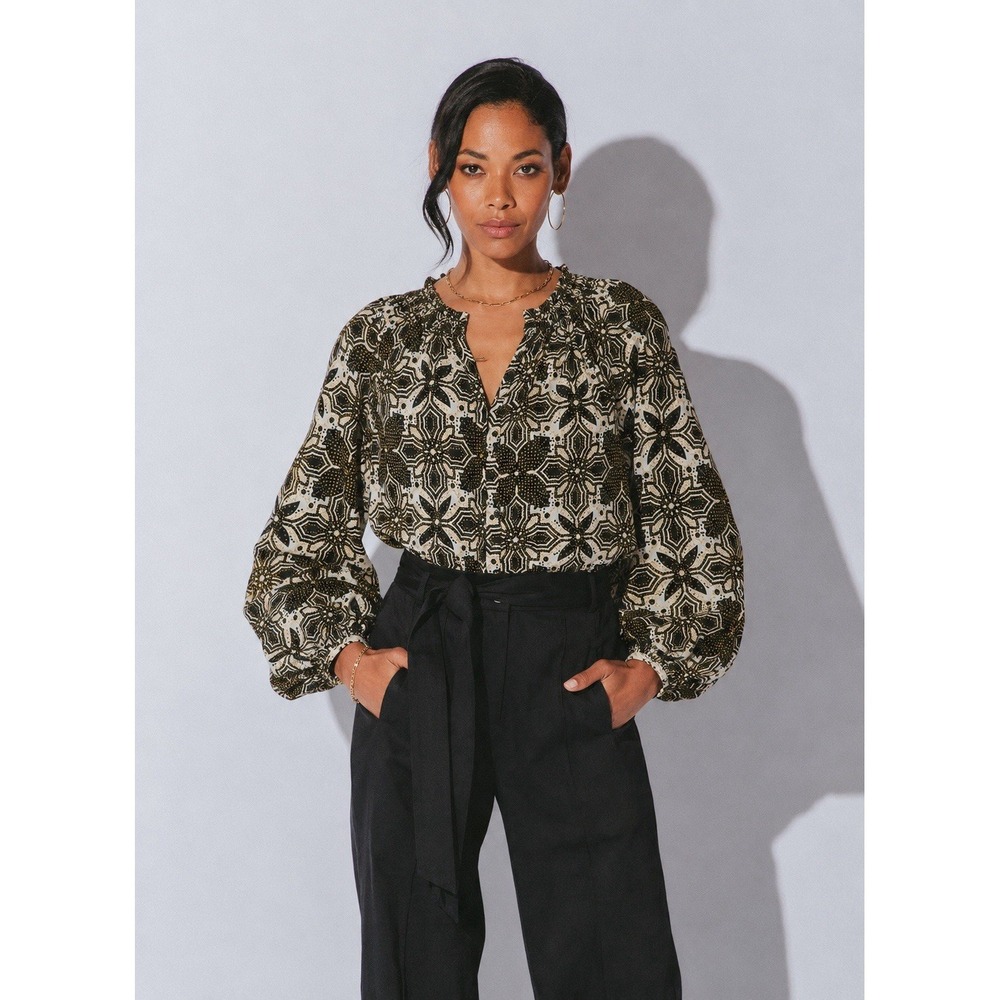 Cleobella Alicia Blouse Retro Tile Organic Cotton Boho Top XS NWOT $148
